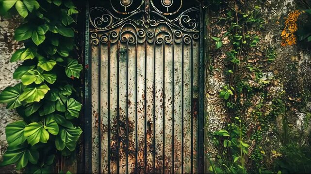 Old metal gate overgrown with vines
