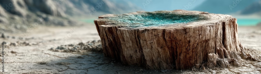 Poster tree stump demonstrating illegal logging and ecosystem damage concept. a tranquil oasis formed in a 