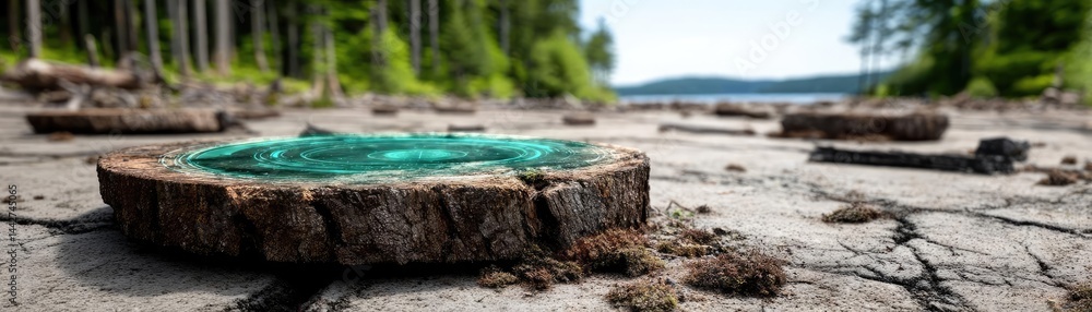Poster tree stump demonstrating illegal logging and ecosystem damage concept. environmental conservation wi