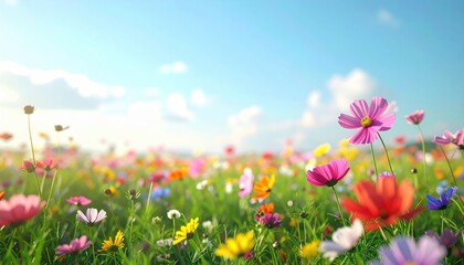 Obraz premium Vibrant flower fields in springtime nature photography colorful landscape bright sky scenic view floral beauty