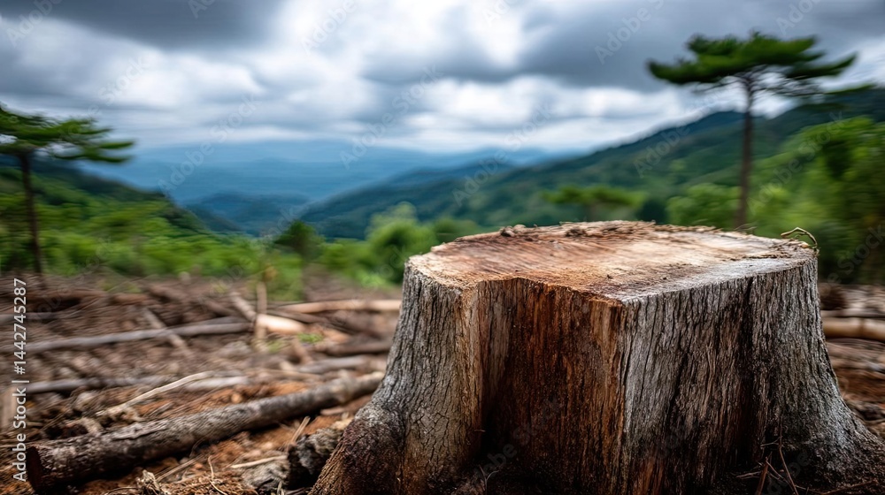 Poster tree stump demonstrating illegal logging and ecosystem damage concept. a tree stump in a forest pano