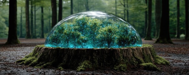 Tree stump illustrating climate change effects on deforestation concept. A vibrant dome of greenery encapsulated in a forest setting.