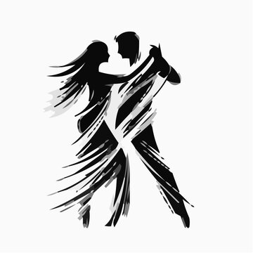 Dancing Couple Icon in Silhouette Style with Abstract Brush Strokes  