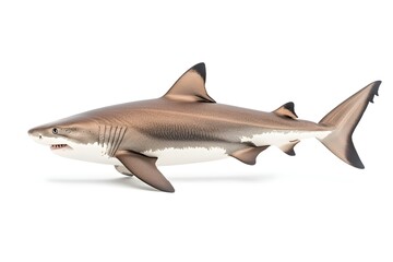 A detailed side profile of a bronze-toned shark with a white underbelly, sharp teeth, and prominent dorsal fin, isolated on a white background
