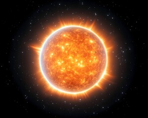 A fiery orange star radiates intense light against a dark, star-studded backdrop