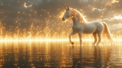 Unicorn walking in golden waters glitter