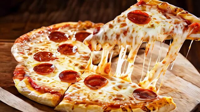 Cheesy pepperoni pizza with gooey melted cheese on a rustic wooden board.