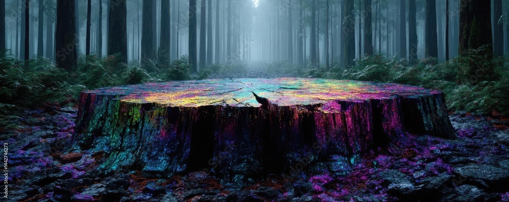 Poster tree stump demonstrating illegal logging and ecosystem damage concept. a vibrant tree stump surround