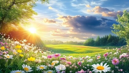 Obraz premium Sunlit meadow with flowers, trees, and cloudy sky at sunrise.