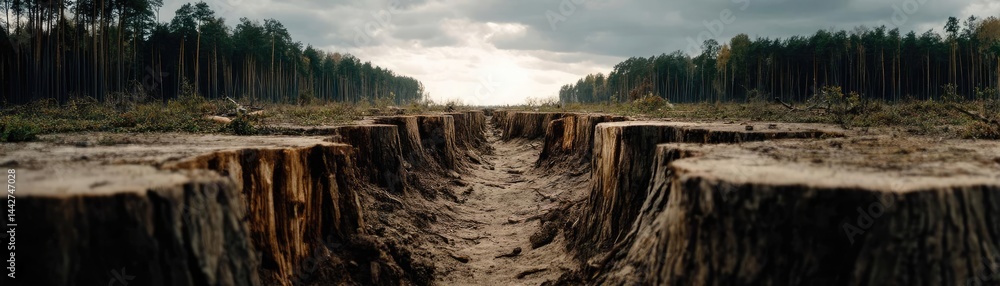 Poster tree stump demonstrating illegal logging and ecosystem damage concept. a deforested landscape showin