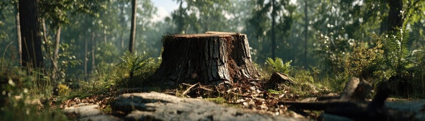 Fototapeta premium Tree stump illustrating climate change effects on deforestation concept. A tree stump in a lush forest, showcasing nature's resilience.
