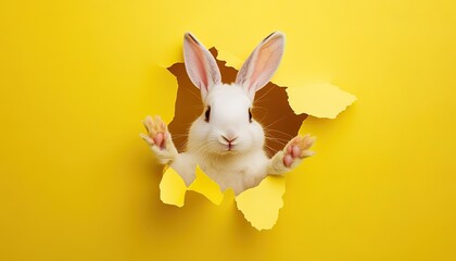 bunny tearing through a yellow paper background