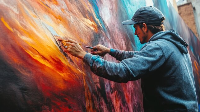 Mural Artist working on large outdoor painting