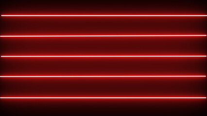Horizontal neon line animation moving from right to left on black screen. Abstract glowing neon lights blinking lines.
