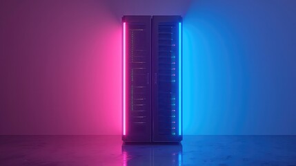 Modern server tower illuminated with pink and blue light