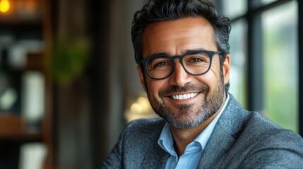 Obraz premium Confident caucasian male adult with glasses smiling indoors