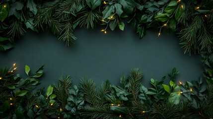 Christmas greenery with pine needles and fairy lights frame on dark background creating festive atmosphere and warm holiday feeling