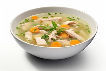 Chicken soup with vegetables and herbs presented in a clean white bowl on a plain background, highlighting the fresh ingredients and comforting nature of this dish