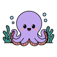Cute Cartoon Octopus with Seaweed and Bubbles Illustration