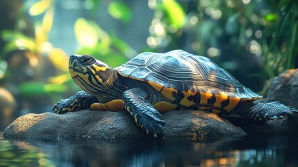 Turtle basking on rock in sunlit tropical habitat