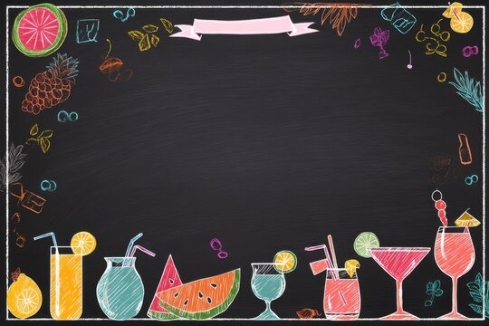 Colorful cocktail and fruit illustration on blackboard background, vibrant pastel palette, ideal for menu design, bar promotions, and beverage-related marketing materials.