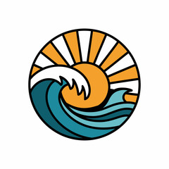 Sun and Ocean Wave in Circle Vintage Style Illustration