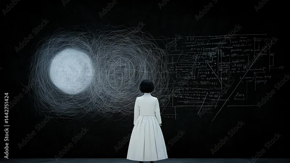 Poster reflective figure in white dress contemplating abstract patterns and mathematical equations against 