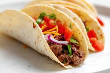 Delicious beef tacos displayed on a white plate, highlighting fresh ingredients and vibrant colors, perfect for a casual meal or celebration