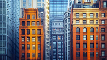 Contrasting city architecture with historic brick buildings and modern structures