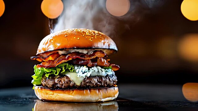 Steaming gourmet burger with bacon, lettuce, and blue cheese on seared bun.