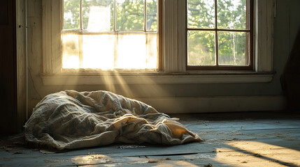 Tattered blanket draped over it, sunlight piercing through windows