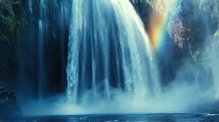 Majestic waterfall cascading rainbow shimmers through mist