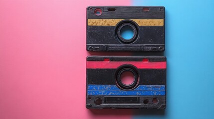 Vintage Microcassettes on Pink and Blue Background Retro Audio Tapes 80s Nostalgia