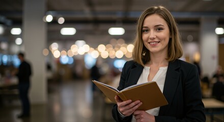 Portrait of a smiling young adult woman wearing a blazer and white shirt, holding an open notebook in a blurred indoor environment with warm bokeh lights.