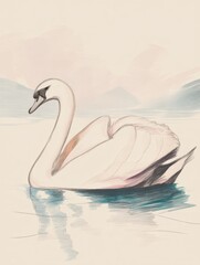 Elegant swan gliding across tranquil waters at dawn in a serene landscape setting