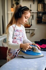 Young girl doing laundry and ironing clothes while listening to music at home during the afternoon