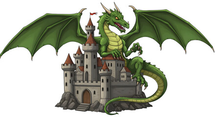 A green dragon perched atop a gray castle with red roofs against a black background scene  transparent background, white background. isolated on transparent background, png, jpeg, jpg,