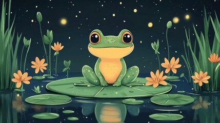 Cute frog on lily pad at night, fireflies, pond
