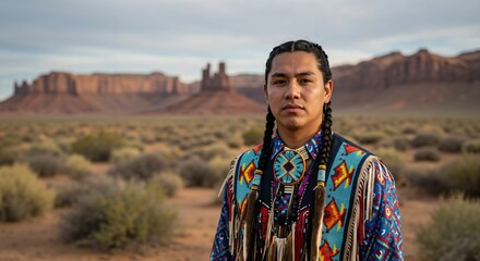Young Native American man with braided hair and traditional attire stands in a vast desert landscape with iconic rock formations in the background, looking directly at the camera.