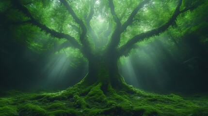 Fototapeta premium Ancient mossy tree standing in a dark mystical forest with sunbeams filtering through the green canopy.