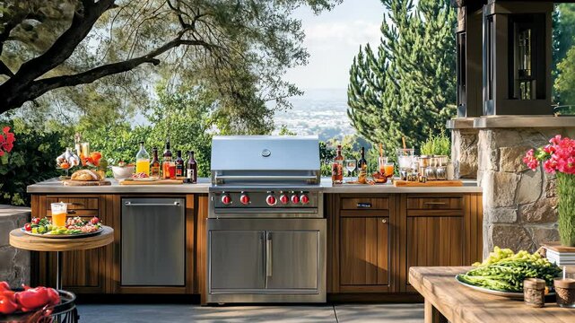 Outdoor kitchen setup features a grill and fresh ingredients for a perfect barbecue experience on a sunny day