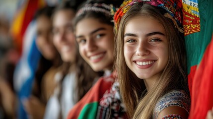 Fototapeta premium Young caucasian female teens celebrating international unity in colorful attire