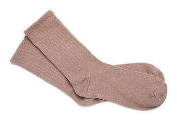 Pair of brown socks isolated on white, top view