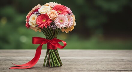 Spring flower bouquet tied with red ribbon on soft background