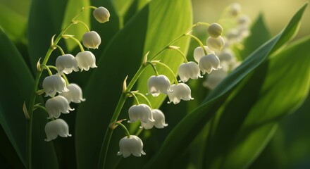Close-up of lily of the valley shining in sun