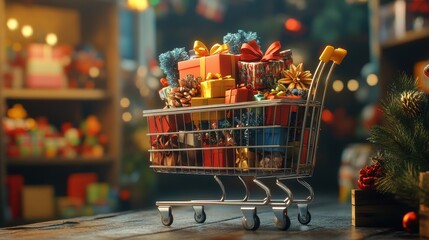 Festive shopping cart overflowing with presents in holiday market setting