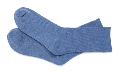 Pair of blue socks isolated on white, top view