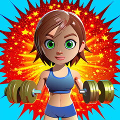Cartoon fitness girl working out with dumbbells