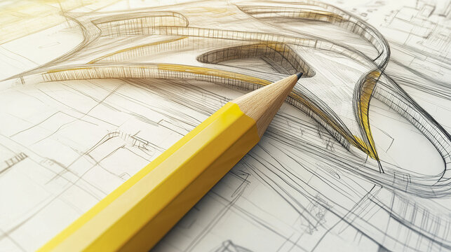Creative architectural visualization with yellow pencil sketching modern design