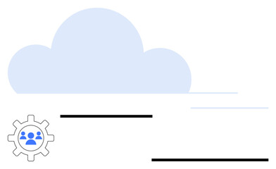 Cloud with gear and team symbol representing storage, management, innovation, and collaboration. Ideal for teamwork, cloud computing, IT solutions, system integration, remote work digital